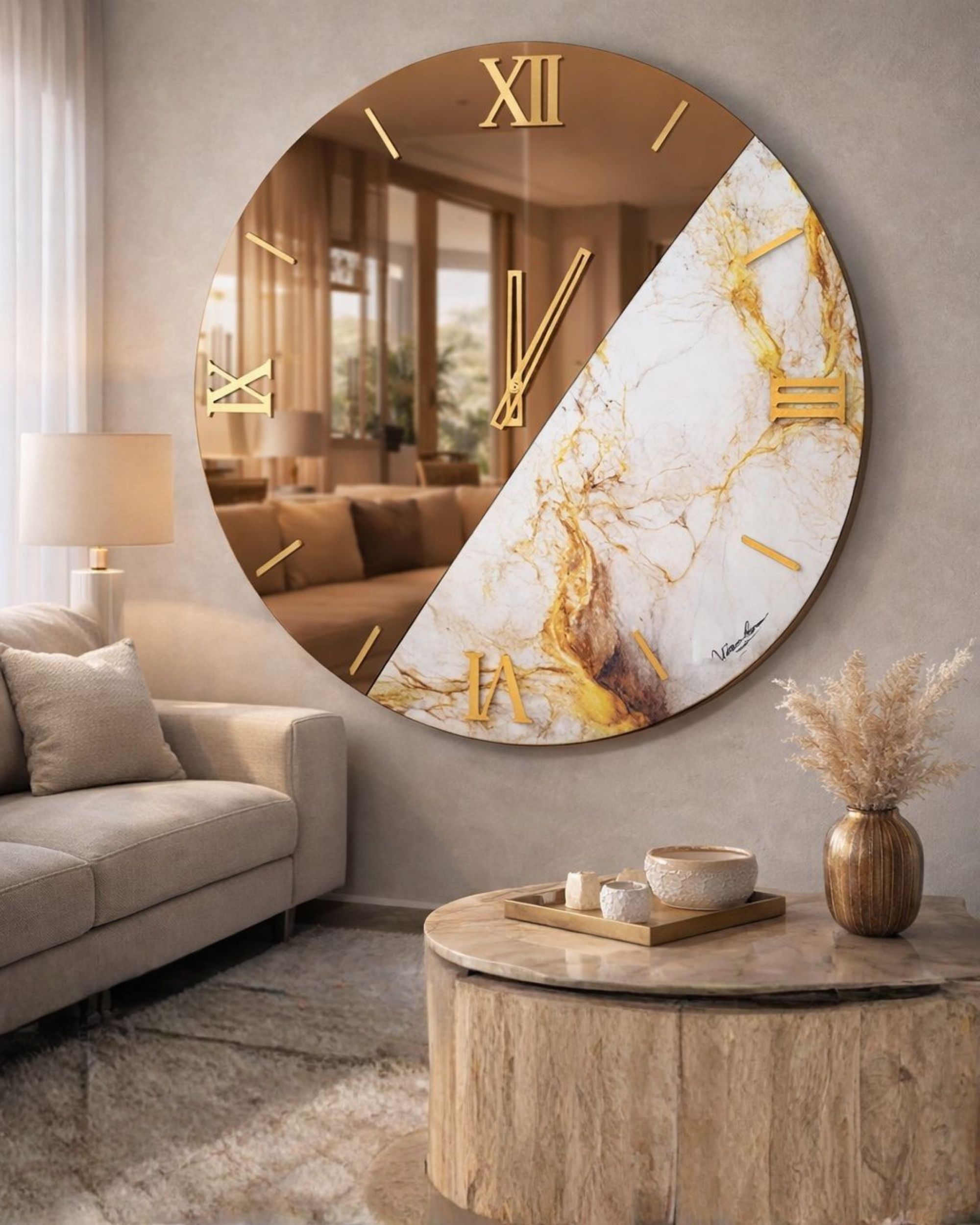 Luxury Wall Clock | Blue Marble & Mirror Split