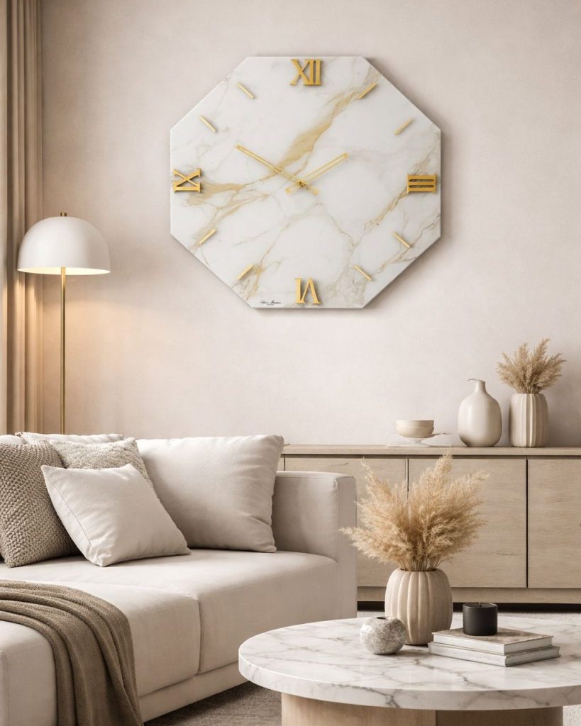 Luxury Wall Clock | Octagon White Marble
