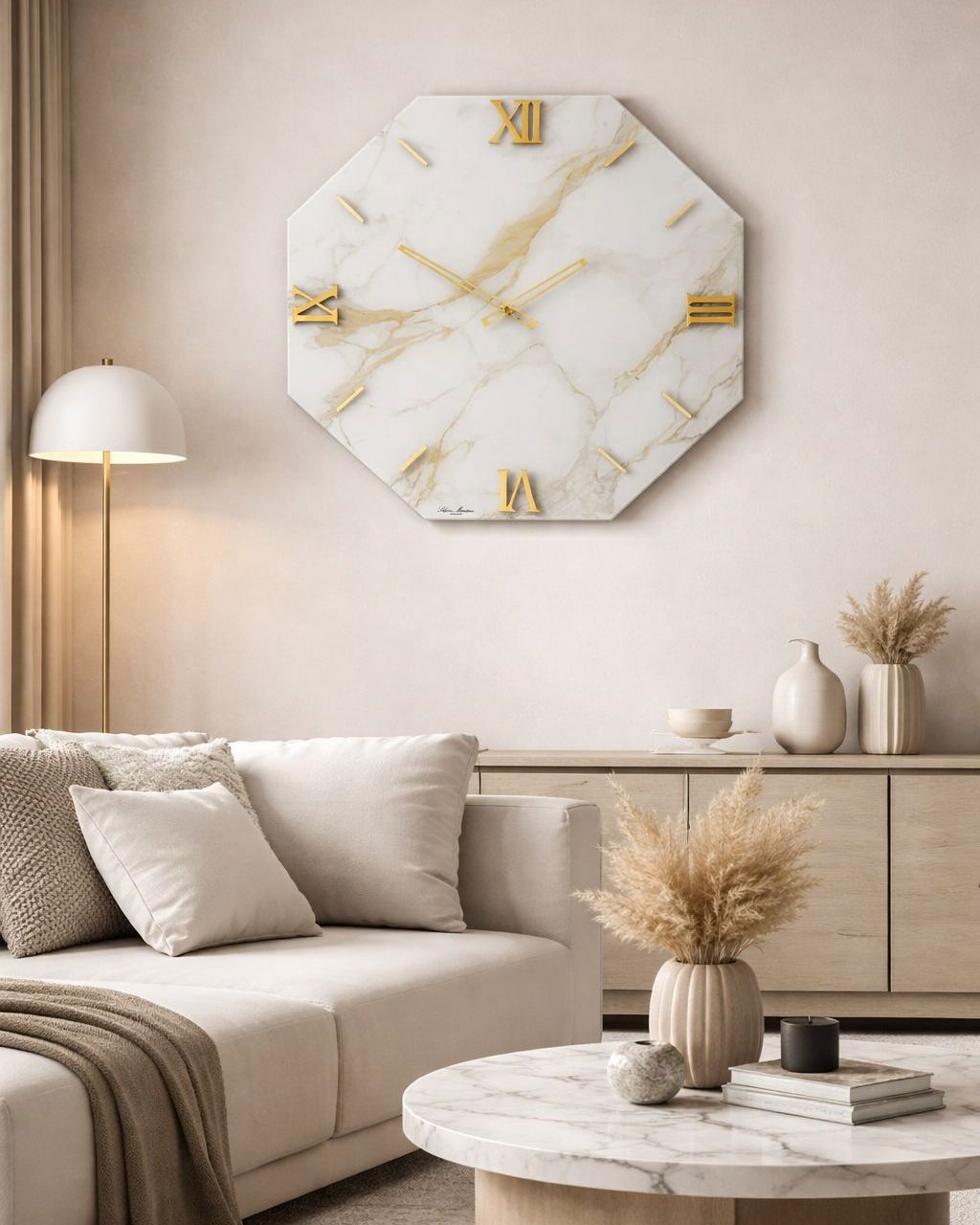 Luxury Wall Clock | Octagon White Marble
